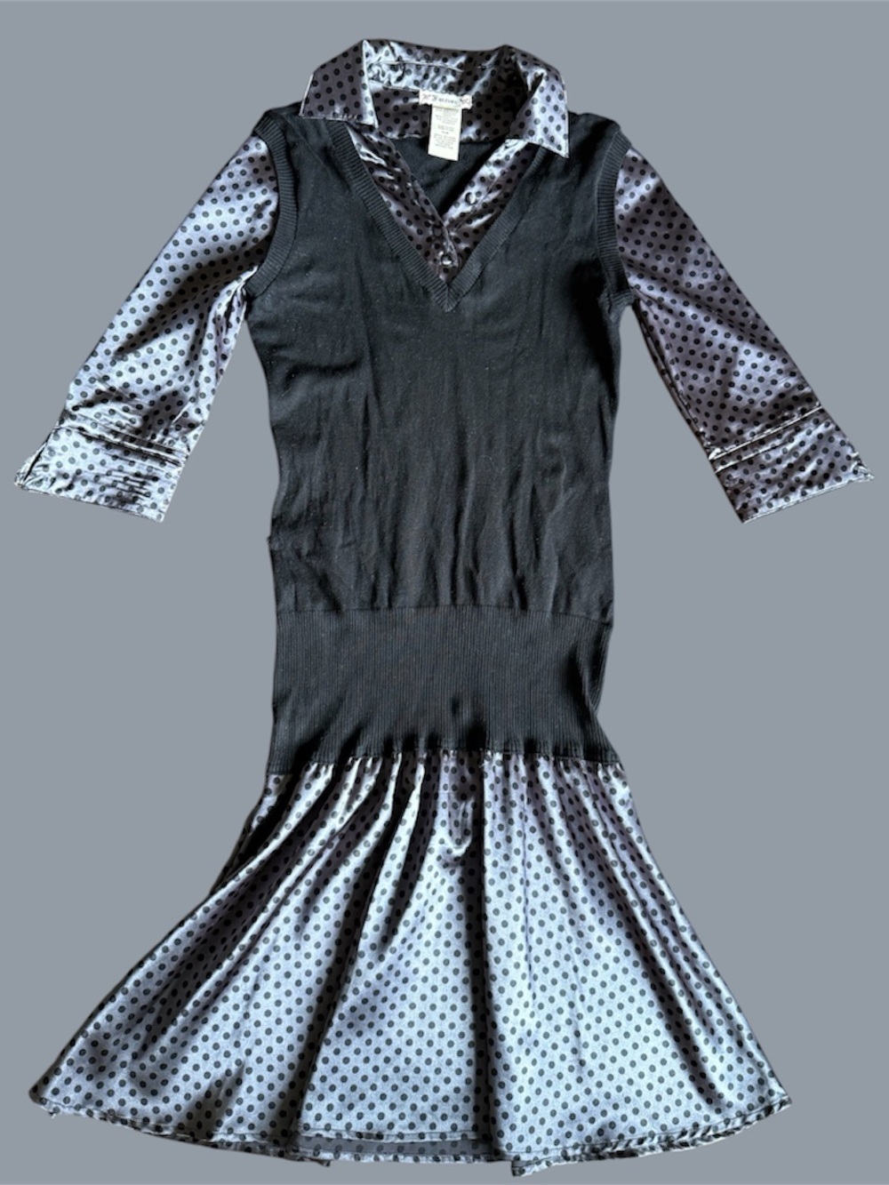 Y2K Goth Black Knit Midi Dress with Gray Polka Dot Silk Collar Trim & Sleeves